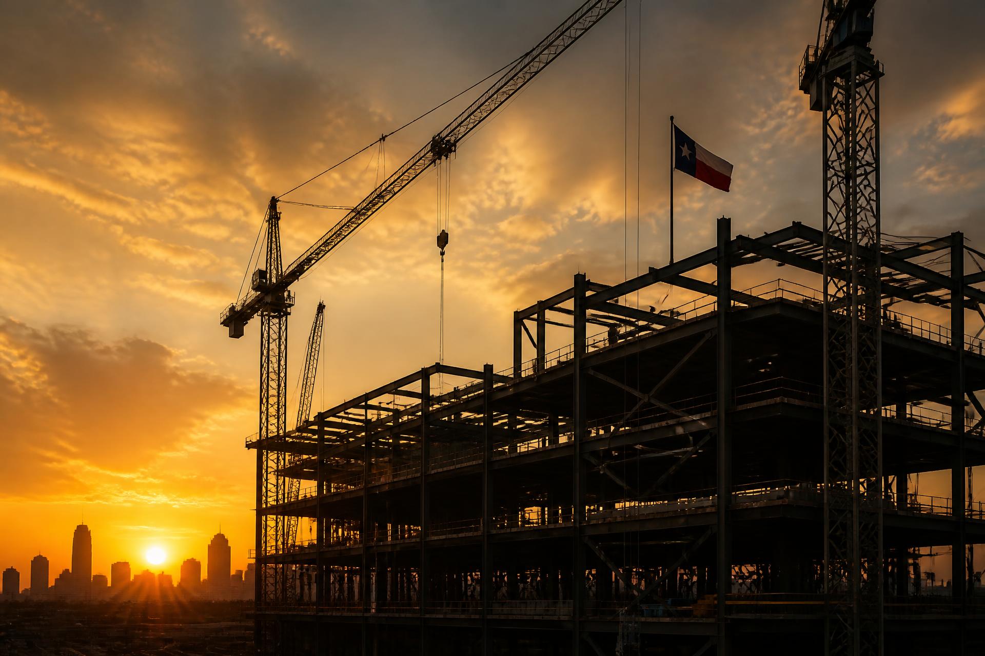 Texas commercial construction site with cranes at sunset